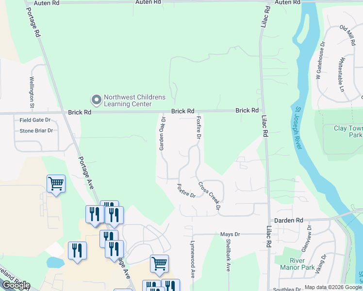 map of restaurants, bars, coffee shops, grocery stores, and more near 2320 Pebble Creek Drive in South Bend