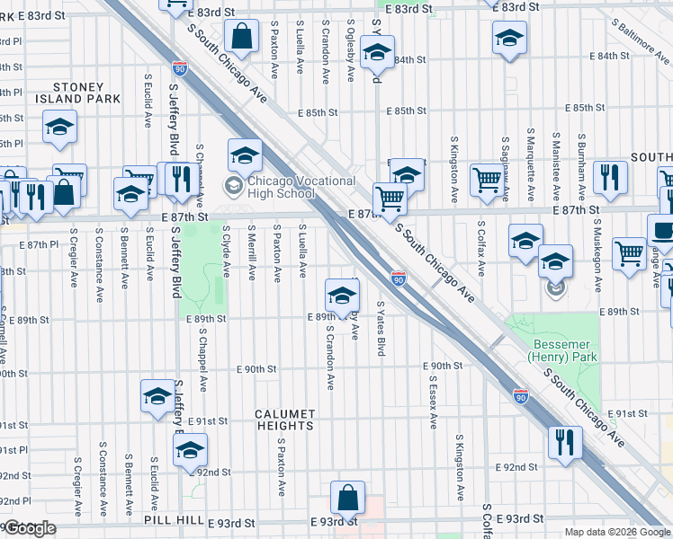 map of restaurants, bars, coffee shops, grocery stores, and more near 8828 South Crandon Avenue in Chicago