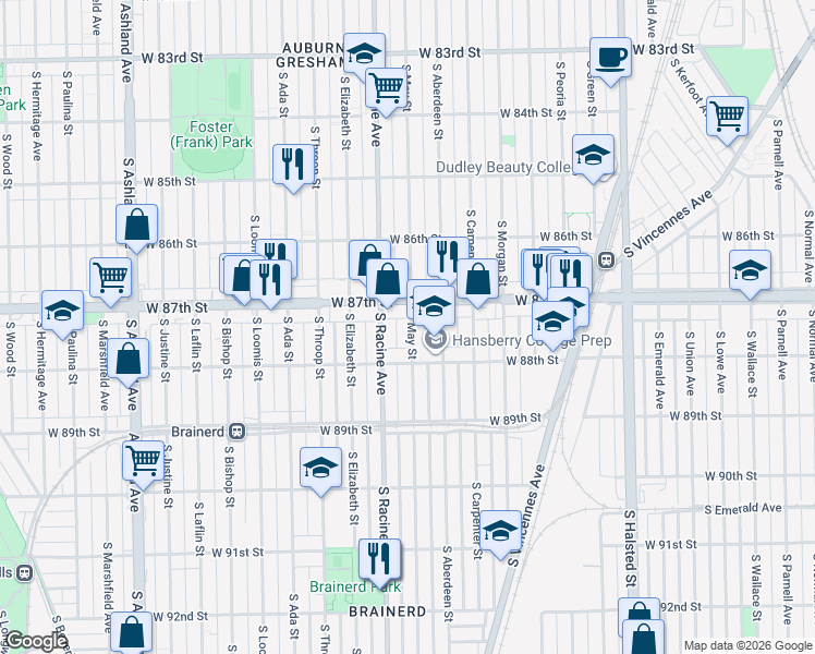 map of restaurants, bars, coffee shops, grocery stores, and more near 1136 West 88th Street in Chicago