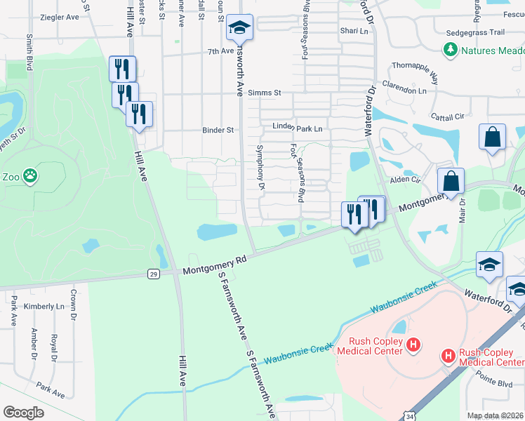 map of restaurants, bars, coffee shops, grocery stores, and more near 1125 Symphony Drive in Aurora