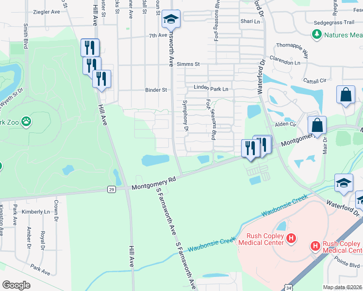 map of restaurants, bars, coffee shops, grocery stores, and more near 1107 Symphony Drive in Aurora