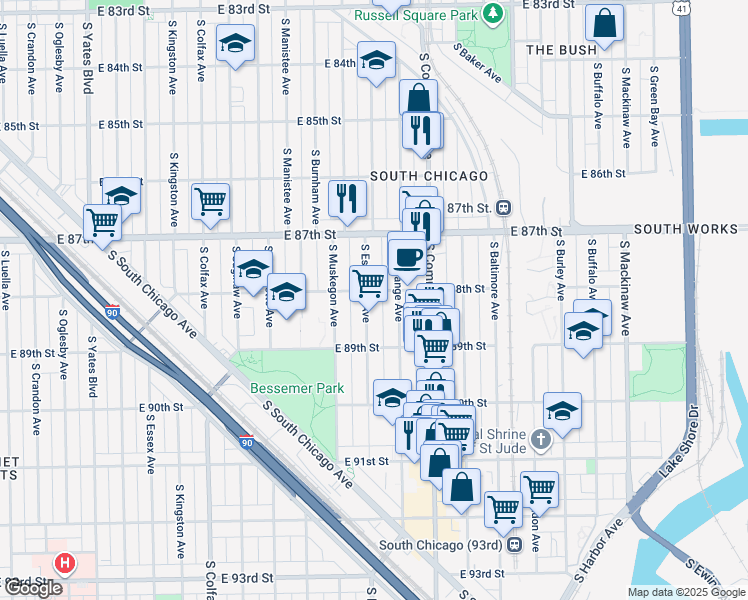 map of restaurants, bars, coffee shops, grocery stores, and more near 8805 South Escanaba Avenue in Chicago