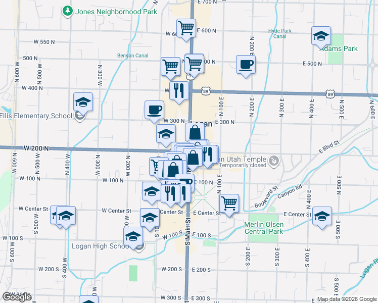 map of restaurants, bars, coffee shops, grocery stores, and more near 866 Riverwood Drive in Logan