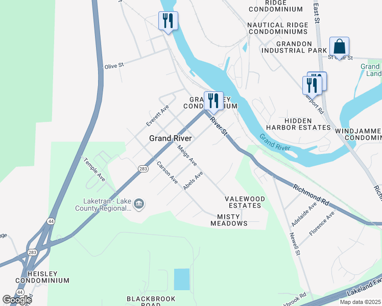 map of restaurants, bars, coffee shops, grocery stores, and more near 805 Meigs Avenue in Painesville