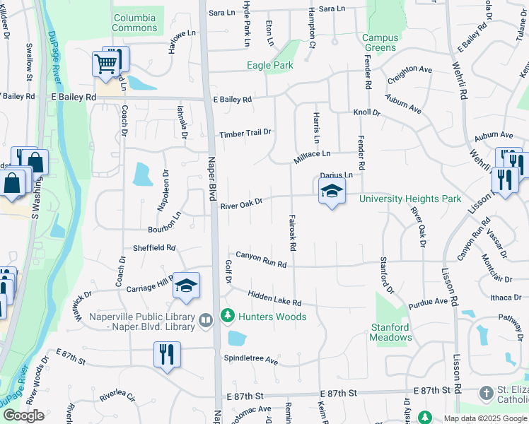 map of restaurants, bars, coffee shops, grocery stores, and more near 1823 Deerpath Court in Naperville