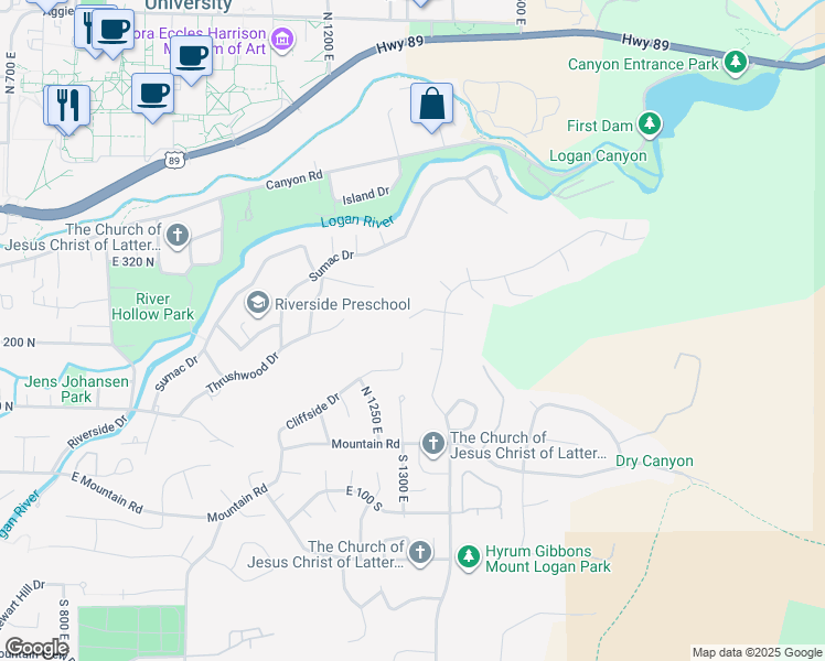 map of restaurants, bars, coffee shops, grocery stores, and more near 1374 East 260 North in Logan