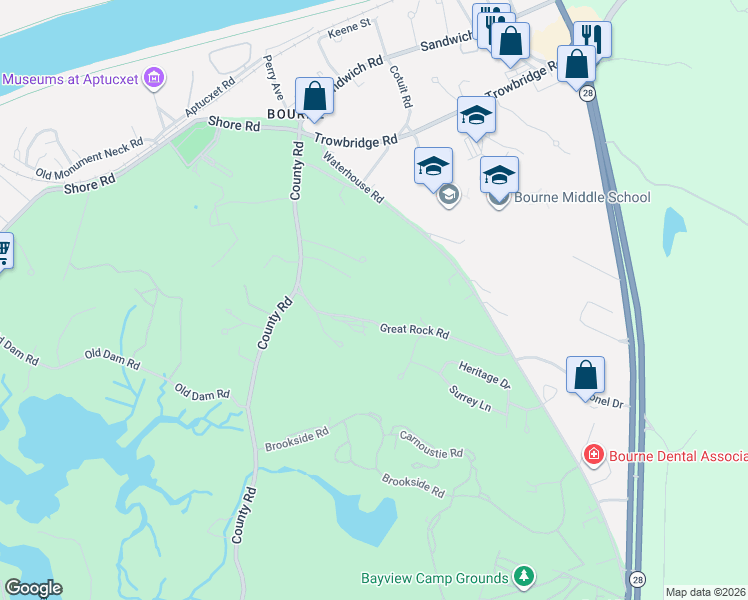 map of restaurants, bars, coffee shops, grocery stores, and more near 73 County Road in Bourne