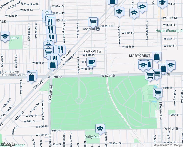 map of restaurants, bars, coffee shops, grocery stores, and more near 3700 West 87th Street in Chicago