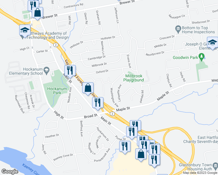 map of restaurants, bars, coffee shops, grocery stores, and more near 73 Washington Avenue in East Hartford