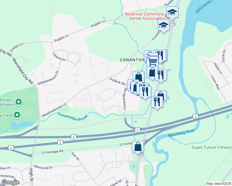 map of restaurants, bars, coffee shops, grocery stores, and more near 79 Pollack Road in Mansfield