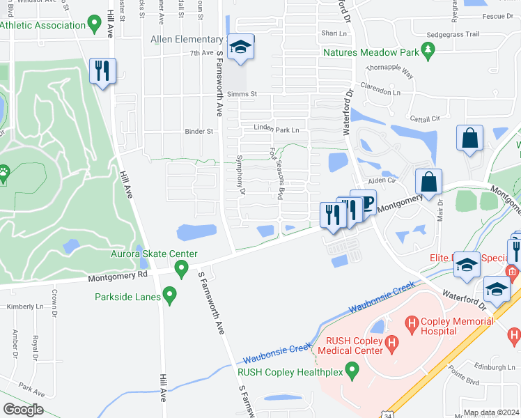 map of restaurants, bars, coffee shops, grocery stores, and more near 1651 Wind Song Lane in Aurora