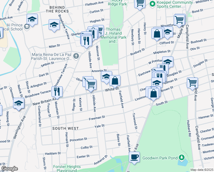 map of restaurants, bars, coffee shops, grocery stores, and more near 180 White Street in Hartford