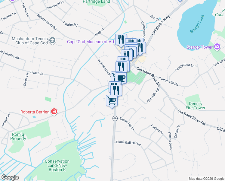 map of restaurants, bars, coffee shops, grocery stores, and more near 626 Main Street in Dennis