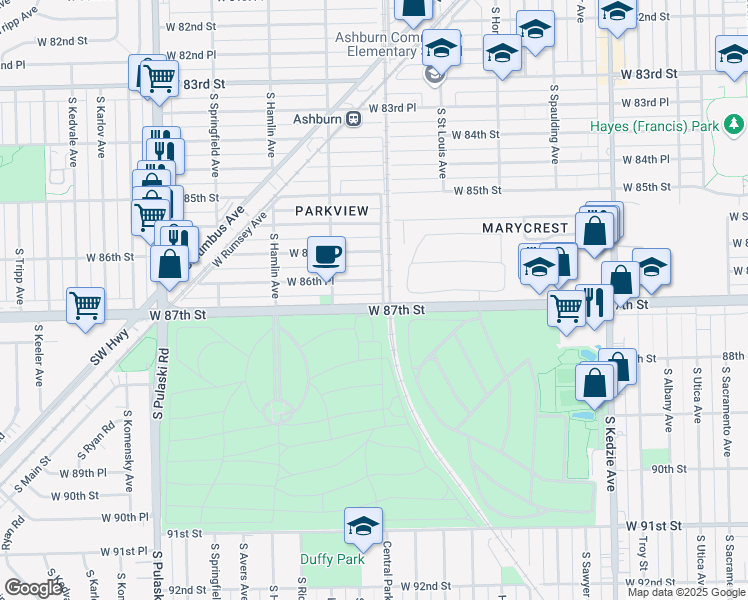 map of restaurants, bars, coffee shops, grocery stores, and more near 3608 West 87th Street in Chicago