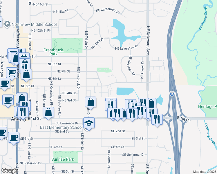 map of restaurants, bars, coffee shops, grocery stores, and more near 771 Northeast 5th Street in Ankeny