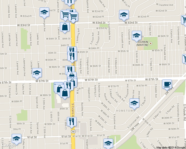 map of restaurants, bars, coffee shops, grocery stores, and more near 8634 S Knox Ave in Chicago