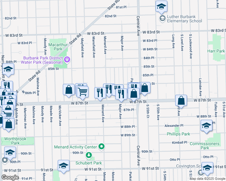 map of restaurants, bars, coffee shops, grocery stores, and more near 8636 Massasoit Avenue in Burbank