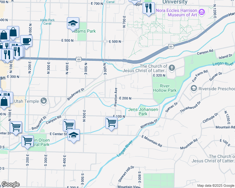 map of restaurants, bars, coffee shops, grocery stores, and more near 220 Preston Avenue in Logan