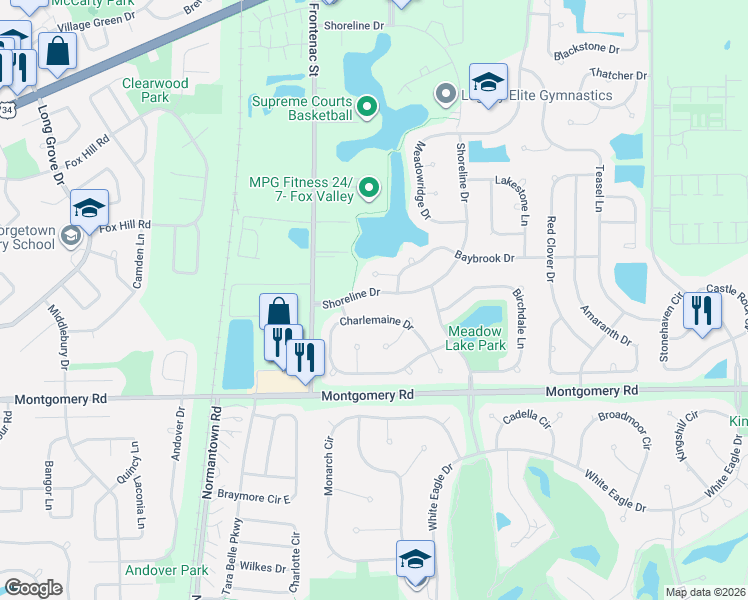 map of restaurants, bars, coffee shops, grocery stores, and more near 1214 Shoreline Drive in Aurora