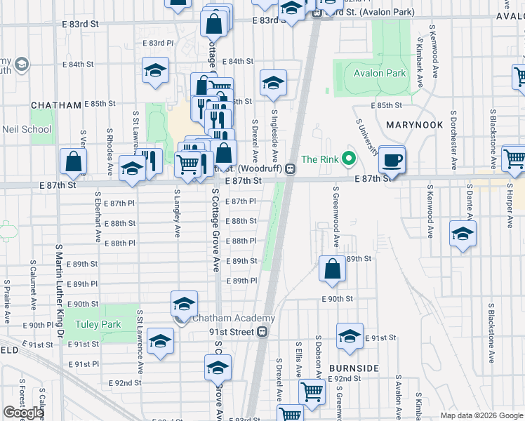 map of restaurants, bars, coffee shops, grocery stores, and more near 8748 South Dauphin Avenue in Chicago
