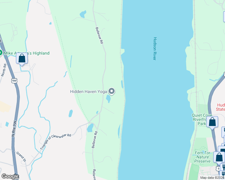 map of restaurants, bars, coffee shops, grocery stores, and more near 138 Bellevue Road in Highland