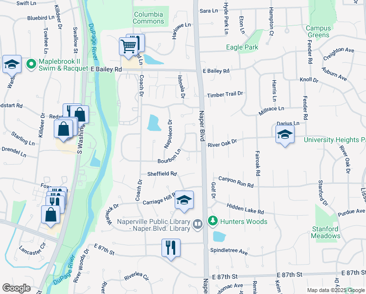 map of restaurants, bars, coffee shops, grocery stores, and more near in Naperville