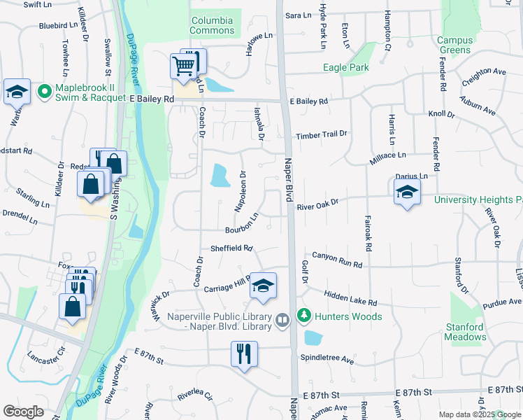 map of restaurants, bars, coffee shops, grocery stores, and more near 0 Naperville Road in Naperville