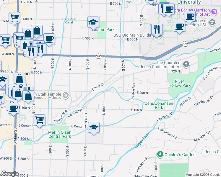 map of restaurants, bars, coffee shops, grocery stores, and more near 547 East 200 North in Logan