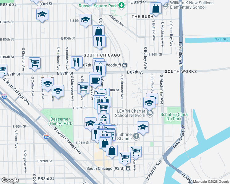 map of restaurants, bars, coffee shops, grocery stores, and more near 8746 South Baltimore Avenue in Chicago