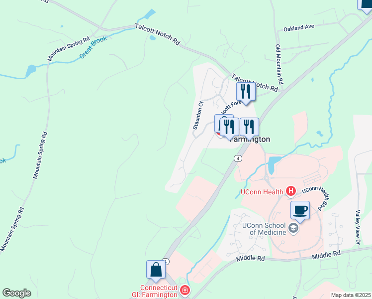 map of restaurants, bars, coffee shops, grocery stores, and more near 6 Talcott Forest Road in Farmington