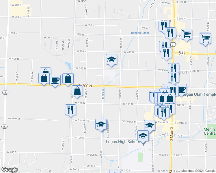 map of restaurants, bars, coffee shops, grocery stores, and more near 372 West 200 North in Logan