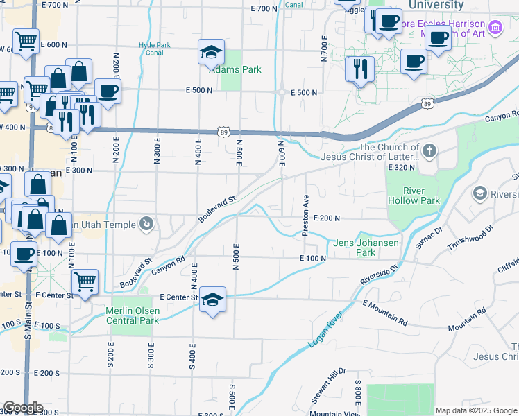 map of restaurants, bars, coffee shops, grocery stores, and more near 567 East 200 North in Logan