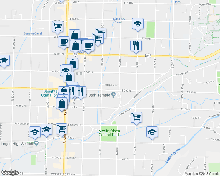 map of restaurants, bars, coffee shops, grocery stores, and more near 255 East 200 North in Logan