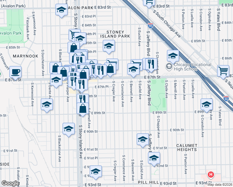 map of restaurants, bars, coffee shops, grocery stores, and more near 8755 South Cregier Avenue in Chicago