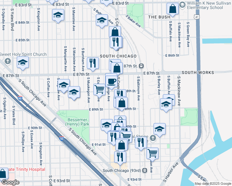 map of restaurants, bars, coffee shops, grocery stores, and more near 8800 South Commercial Avenue in Chicago
