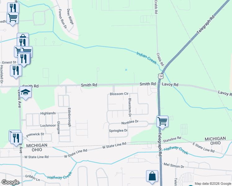 map of restaurants, bars, coffee shops, grocery stores, and more near 6255 Telegraph Road in Erie