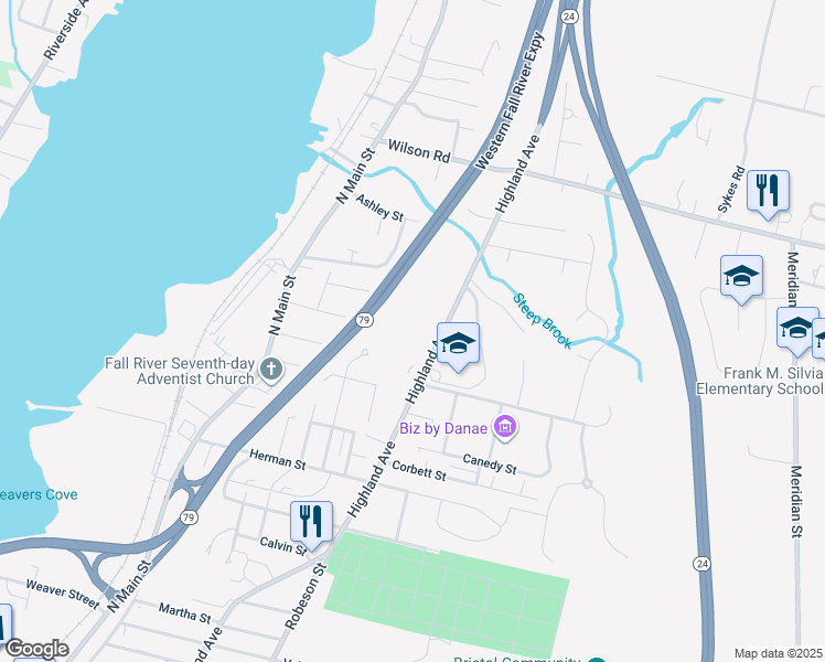 map of restaurants, bars, coffee shops, grocery stores, and more near Western Fall River Expressway in Fall River