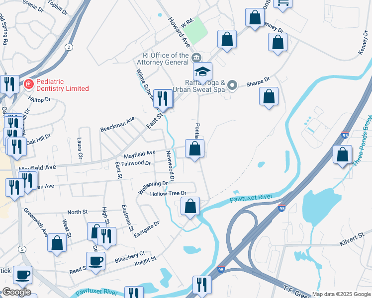 map of restaurants, bars, coffee shops, grocery stores, and more near 1 Mayfield Avenue in Cranston