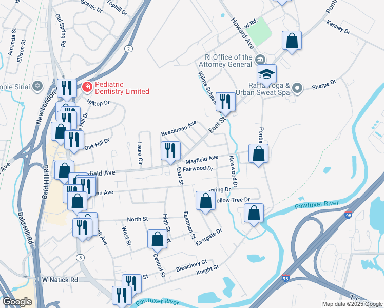 map of restaurants, bars, coffee shops, grocery stores, and more near 189 East Street in Cranston