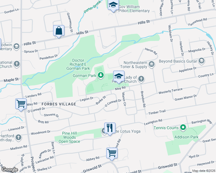 map of restaurants, bars, coffee shops, grocery stores, and more near 352-354 May Road in East Hartford