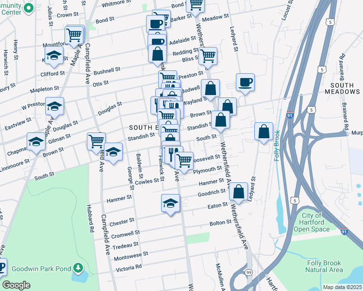 map of restaurants, bars, coffee shops, grocery stores, and more near 486 Franklin Avenue in Hartford