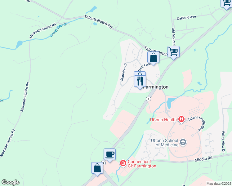 map of restaurants, bars, coffee shops, grocery stores, and more near 6 Talcott Forest Road in Farmington