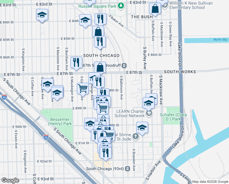 map of restaurants, bars, coffee shops, grocery stores, and more near 8746 South Baltimore Avenue in Chicago