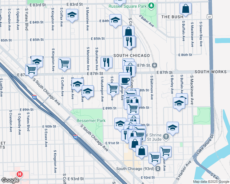 map of restaurants, bars, coffee shops, grocery stores, and more near 8741 South Escanaba Avenue in Chicago