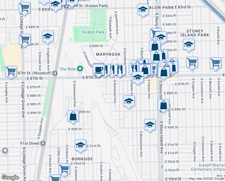 map of restaurants, bars, coffee shops, grocery stores, and more near 8729 South Kimbark Avenue in Chicago