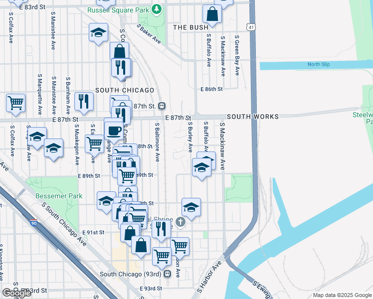 map of restaurants, bars, coffee shops, grocery stores, and more near 8762 South Burley Avenue in Chicago