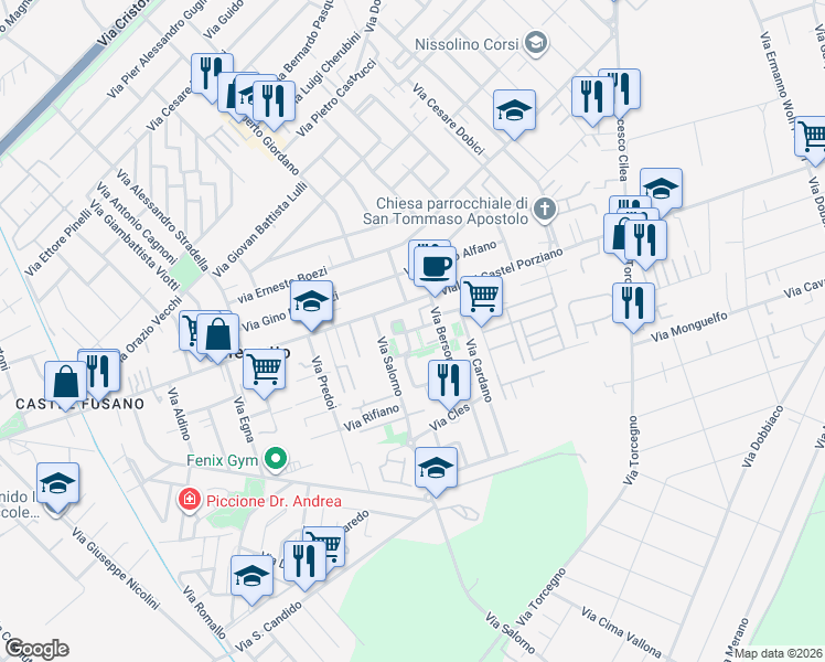 map of restaurants, bars, coffee shops, grocery stores, and more near 3 Largo Glorenza in Acilia-Castel Fusano-Ostia Antica