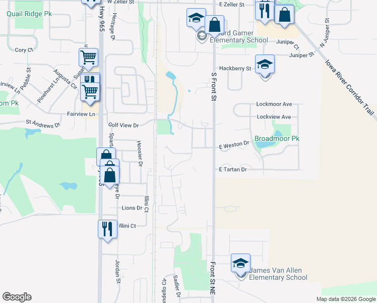 map of restaurants, bars, coffee shops, grocery stores, and more near 645 Rachael Street in North Liberty