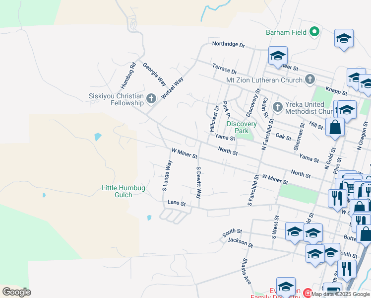 map of restaurants, bars, coffee shops, grocery stores, and more near 1015 North Street in Yreka