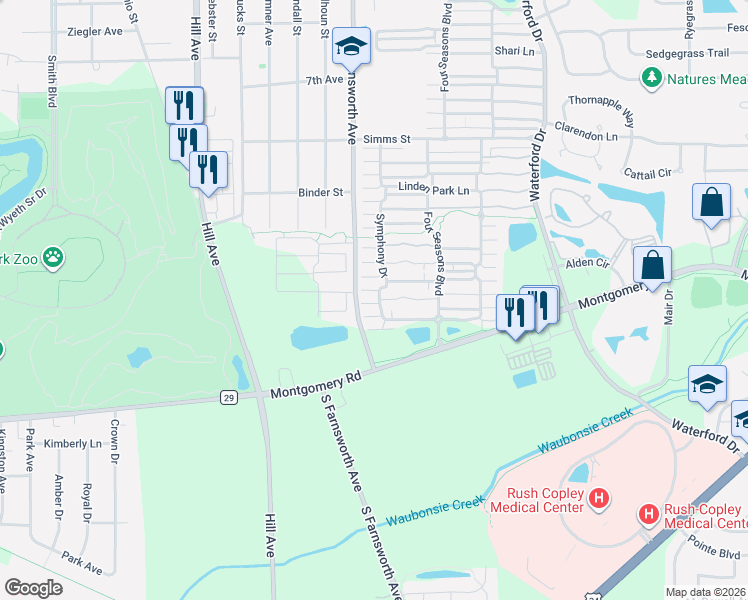 map of restaurants, bars, coffee shops, grocery stores, and more near 1069 Symphony Drive in Aurora